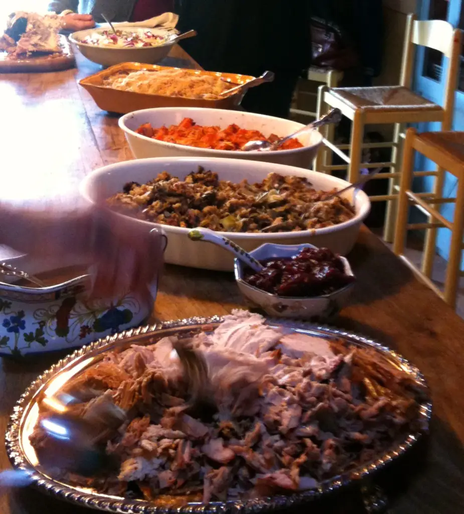 Turkey with aritchoke stuffing and gravy, yams with ginger and orange sauce, mashed potatoes, onions and brussel sprouts with mustard cream sauce, cranberry sauce, endive/pomegranite/radicchio salad and poppy seed rolls.....